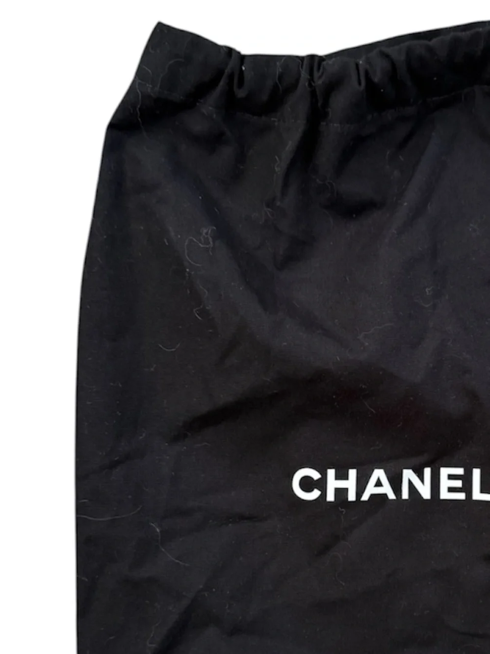 CHANEL Black Drawstring Dust Pouch White Logo Side Tie Small